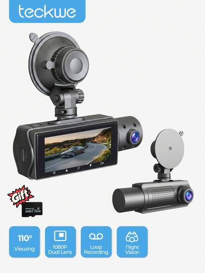 Teckwe 2 Channel Dash Cam, 1080P Front + Inside Car Camera, 110° Wide Angle Dashcam With Night Vision, Loop Recording, With 32GB Card