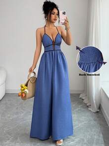 SHEIN Elenzya Women's Summer Casual Sexy Holiday Contrast Color Halter Loose Wide Leg Jumpsuit Beach Vacation Blue Striped - Blue - View 7