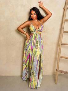 BamGleam Women's Zebra Print Color Block Hollow Out Tie-Up Dress, Suitable For Dates And Parties - Light Yellow - View 3