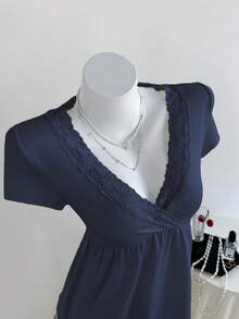 Elamini Women's Apricot V-Neck Lace Trim Fitted Comfortable Versatile T-Shirt, Spring/Summer - Navy Blue - View 5