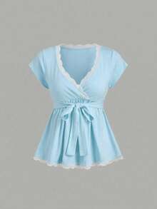 Elamini Women's Spring/Summer White French Romantic Lace Patchwork V-Neck Tie Blouse - Blue - View 4