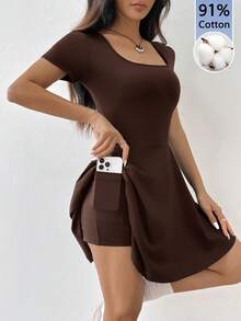 SHEIN EZwear 休闲简约棕色连衣裙，适合春夏穿着 - 棕色 - 查看 9