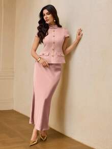 ZEYLAH 2pcs/Set Satin Front Button Elegant Top And Fish Tail Hem Skirt - Pink - View 2