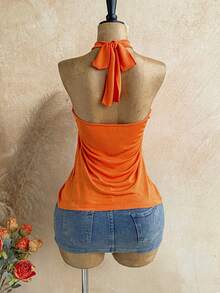 Soleia New Back To School Casual Vacation Western Beach Wedding Guest Outfit Graduation Brunch Women's Wear St. Patrick's Day Spring Break Easter Music Festival Elegant Bohemian Tropical Elegant Orange Elastic Glitter Knit Halter Backless Tie-Up Women's Tank Top - Orange - View 2