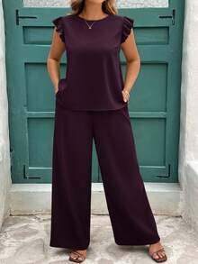 SHEIN Clasi 2pcs Women Plus Size Dark Purple Set,Autumn Smart Casual Everyday Ruched Shirt & Wide Leg Elastic Waist Pants,Elegant Outfit Matching Two Pieces Sets - Purple - View 6