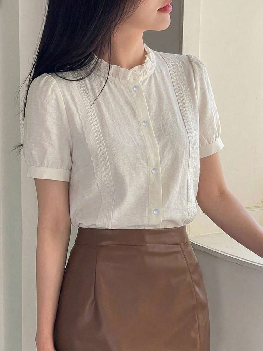 DAZY Blusa elegante de mujer con cuello de pie y mangas con volantes - Albaricoque - Ver 1