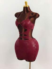 BamGleam 纯色吊带露背夏季扭结镂空无袖修身连衣裙 - 酒紅色 - 查看 4