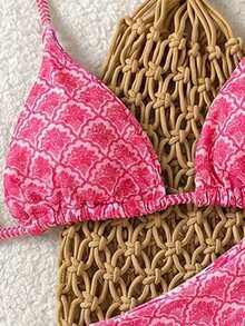 SHEIN Swim Mod 2pcs Women's Reversible Striped & Polka Dot Print Casual Bikini Set - Pink - View 4