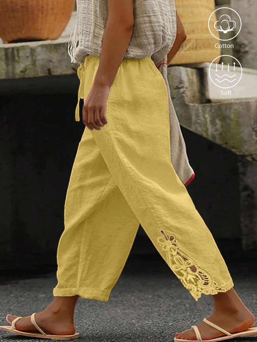 SHEIN LUNE CURVE Celana Panjang Katun Linen Kasual Ukuran Besar dengan Bordir Bunga di Bagian Bawah untuk Musim Gugur - Kuning - View 1