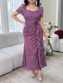 Feyla New Lace Waist Ruffle Floral Cinched Waist Elegant High-End Party Dress - Purple - View 6