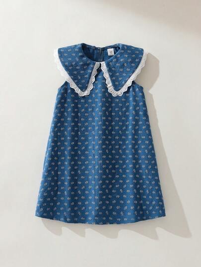 Maija Kids Maija Kids Young Girl Cute Blue Floral Pattern Sleeveless Peter Pan Collar Dress, Summer