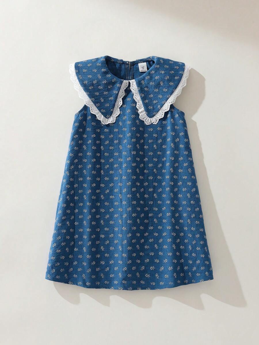 Maija Kids Maija Kids 夏季女童可爱蓝色碎花图案无袖彼得潘领连衣裙 - 藍色 - 查看 1