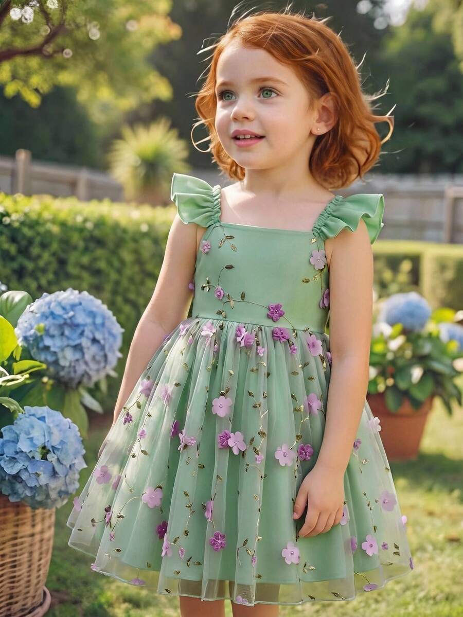 SHEIN Glamorique Kids Đầm công chúa dáng chữ A thanh lịch cho bé gái, dây mảnh, tay bồng, chất liệu lưới thêu, thích hợp cho các bữa tiệc ngày lễ, quà sinh nhật, kỳ nghỉ hè.