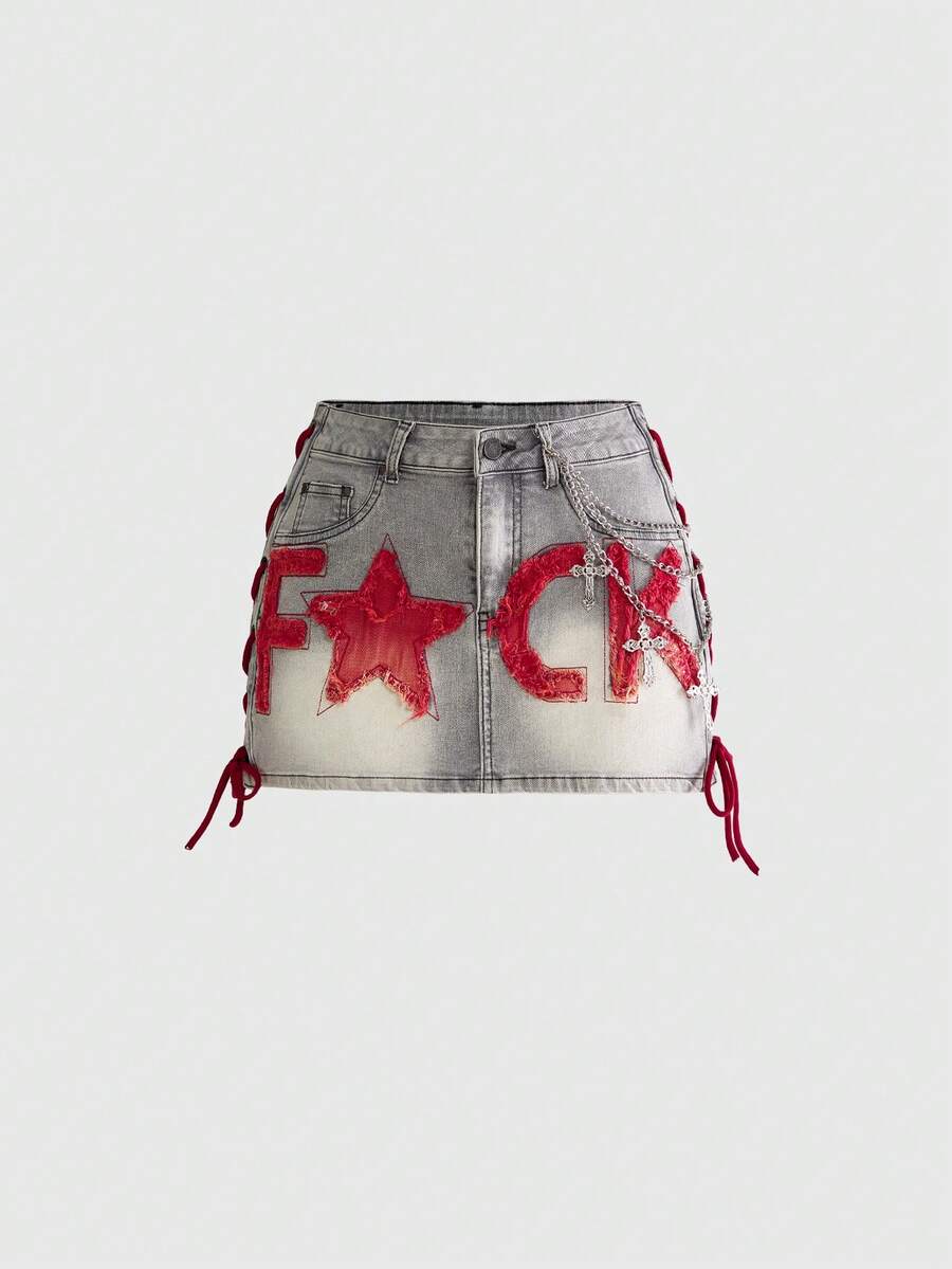 ROMWE J-Fashion Y2K复古低腰撞色英文字母印花红色牛仔迷你裙（女款） - 灰色 - 查看 1