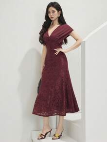 Heiryn Đầm ren phối ren cổ chữ V thanh lịch dành cho nữ - Màu Đỏ Sâu - Xem 4