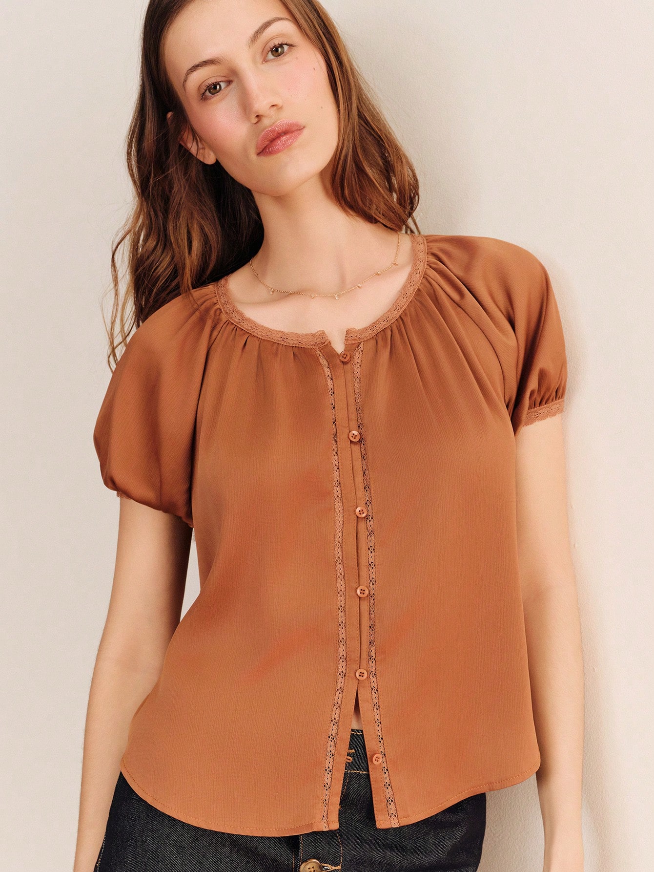 Light Brown Relaxed Blouse In Satin Crepe With Short Sleeves And Lace Details Chic Style Satin Loose Fit Top Work Top Summer Holiday Top French Style Top