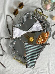 Swim Vcay Bộ bikini gợi cảm kẻ sọc và caro dành cho nữ, cỡ nhỏ, thích hợp cho kỳ nghỉ hè và đi biển. - Nhiều màu - Xem 2