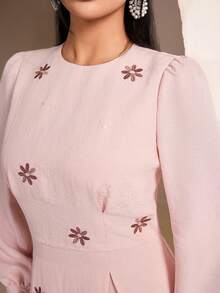 Solavon Women's Round Neck Raglan Sleeve Pleated Elegant Arabic Style Dress - Pink - View 8