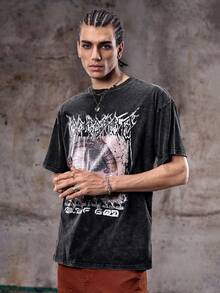 Skyrend Men's Shirt, Gothic Punk Streetwear Emo Vintage Washed Pattern Casual, Lightweight, Loose Fit, Outdoor Daily, Spring Summer - Black - View 5