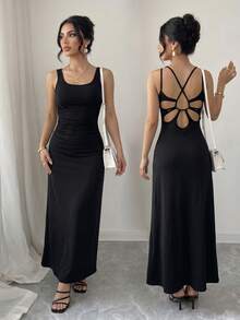 SHEIN Elenzya Đầm dài màu đen thanh lịch kiểu Pháp, hở lưng, dây mảnh, eo khoét rỗng, thích hợp cho các buổi hẹn hò. - màu đen - Xem 1