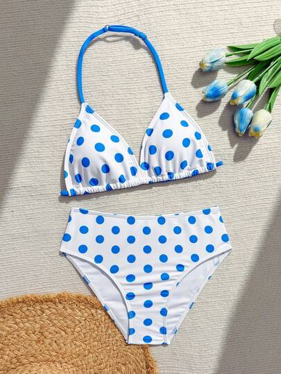 Conjunto de bikini de lunares para niñas preadolescentes, bikini de copa triangular azul y blanco con tirantes ajustables, traje de baño lindo de 2 piezas para verano, playa, fiesta en la piscina, vacaciones