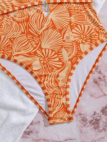 Swim Vcay Retro Urlaubsstil Damen Badeanzug, Orange & Beige Farbblock, Meeresbewohner Muster, Halter Nacken Krawatte, doppellagige Ausschnitt-Metallstern Dekoration, hochgeschnittene Rückseite, Vintage Urlaubsstil, Frühling Ostern Strand Küsten Resort Chic - Orange - Übersicht 8