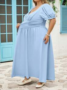 SHEIN CURVE+ 女士优雅短袖中长连衣裙，扭结心形领口，春夏连衣裙，适合婚礼、婚礼、优雅连衣裙、下午茶派对、田园风连衣裙、假日、生日、节日、下午茶派对、泡泡袖连衣裙、复古风、沙滩连衣裙、蓝色连衣裙、迷人风、野餐、派对、舞会、节日和生日穿着、长款派对连衣裙、毕业礼服、优雅仪式礼服、野餐连衣裙、夏季连衣裙 - 藍色 - 查看 5