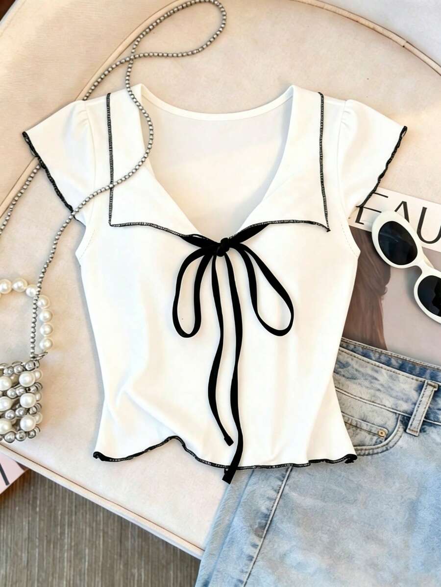SHEIN Franclia 女士新款优雅蝴蝶结短款T恤 - 白色 - 查看 1