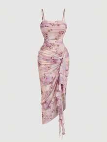 SHEIN Tall CURVE 大码印花荷叶边修身吊带连衣裙 - 粉色 - 查看 4