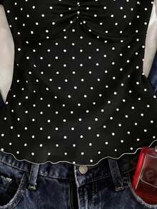 White Polka Dot Lace V-Neck Short Sleeve T-Shirt Women, Ruched Waist Ruffle Hem Cropped Sweet & Spicy Style Top - Black - View 4