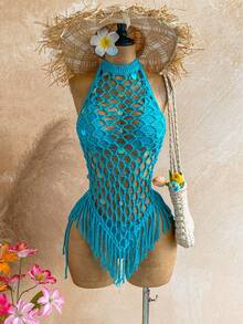 Soleia 女士度假纯色流苏下摆露背针织短款上衣和针织三角短裤性感套装 - 藍色 - 查看 6