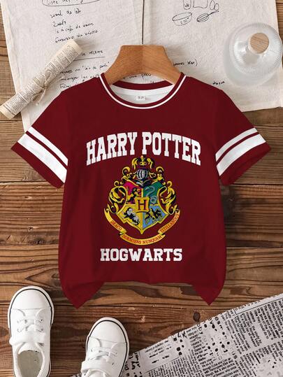 HARRY POTTER X SHEIN Camiseta de Manga Curta com Gola Redonda, Estampa de Letra, Listrada e Contraste de Cor para Menino Jovem