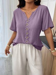Plus Size Women's Spring/Summer Vacation Floral Patchwork Ruffle Trim Loose Short Sleeve Top - Purple - View 4