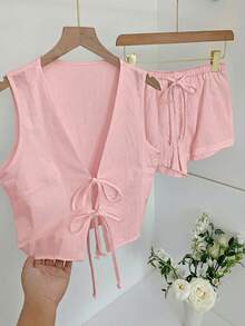 Comfortcana Bộ đồ nữ màu hồng nhạt gồm áo croptop không tay buộc dây phía trước và quần short, kiểu dáng thường ngày, thích hợp cho mùa hè. - Màu Hồng baby - Xem 4