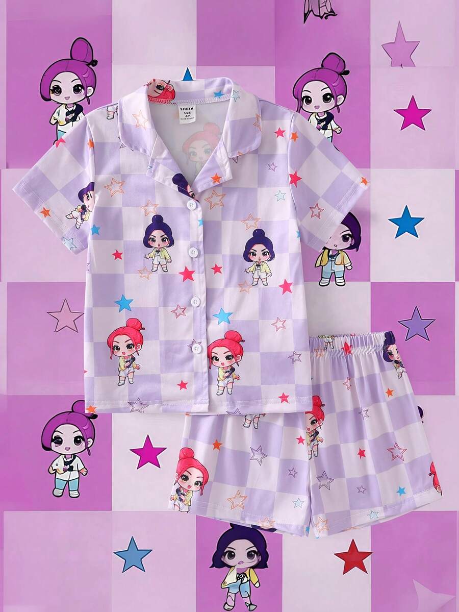 SHEIN 2件套 女童可爱粉色短袖上衣和短裤舒适睡衣套装 - 紫色 - 查看 1