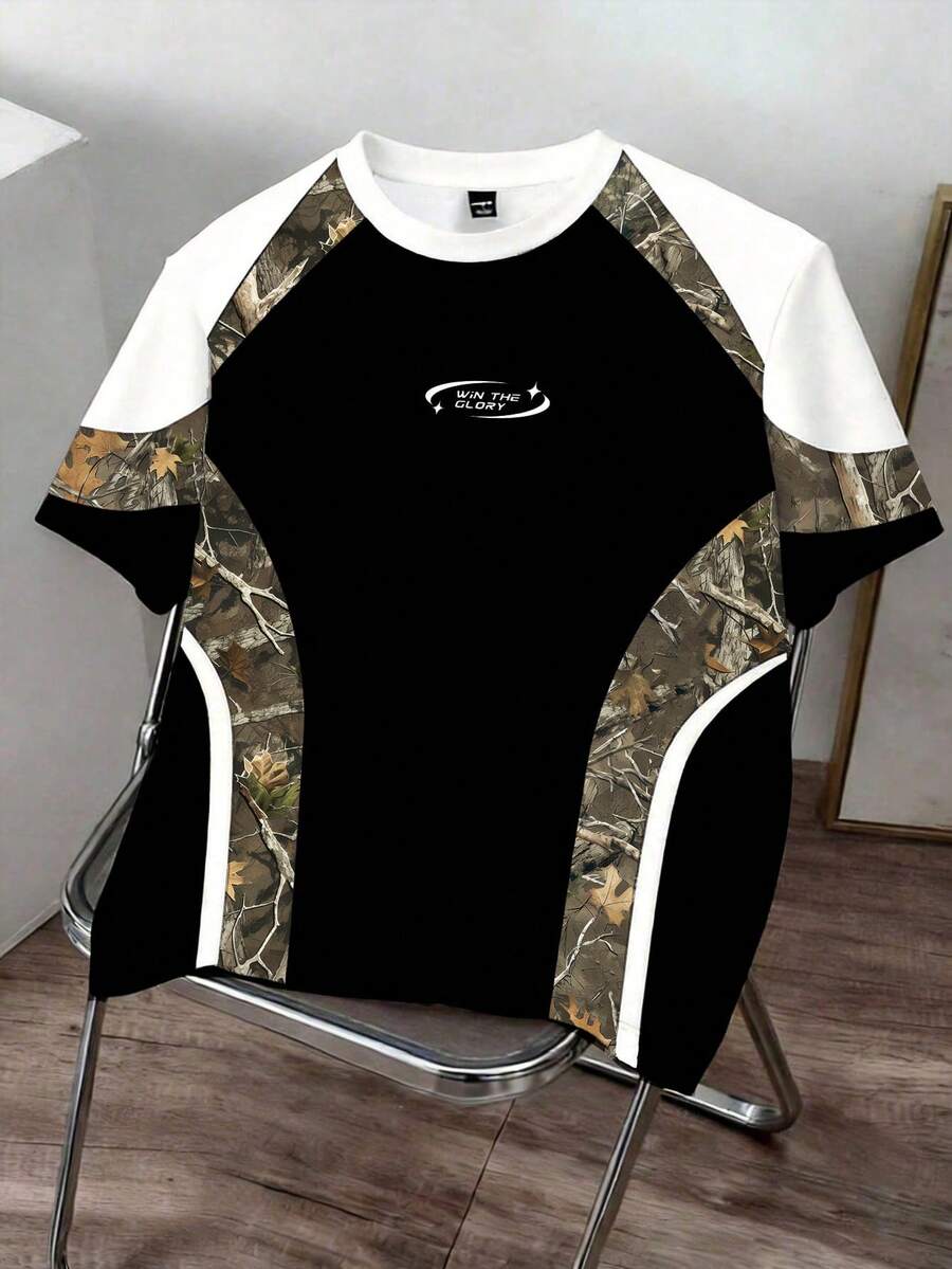 Manfinity Joysei Men's Fashionable Leaf Pattern T-Shirt, Suitable For Summer Outdoor Wear - Black - View 1