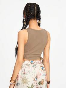 ROMWE Áo tank top nữ kiểu hippie thêu họa tiết tia nắng mặt trời, xếp ly. - Màu Khaki - Xem 6