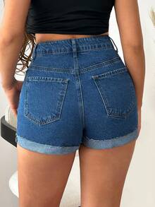 High Waist Medium Blue Wash Casual Style Button Front Patch Detailed Denim Short - Medium Wash - View 2