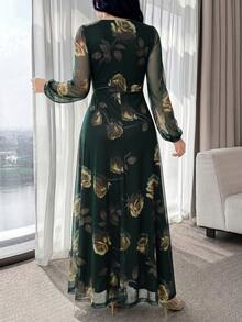 Nuevo vestido elegante y encantador de cintura ceñida de alta gama con flores de rosa para mujeres - Verde militar - Ver 7
