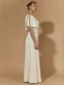 COSMINA Vestido longo feminino elegante com ombros assimétricos, versátil para o trabalho, escritório, passeios, encontros, jardim, praia e viagens de verão. - Damasco - Ver 4