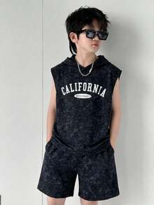 2pcs Kids Tween Boys Comfortable Casual Street Fashion Letter Graphic Hooded Sleeveless Tank Top Tee And Shorts Set, Suitable For Indoor, Outdoor, Daily, Sports, Play, Party, Photo, Holiday, Spring/Summer - Grey - View 5