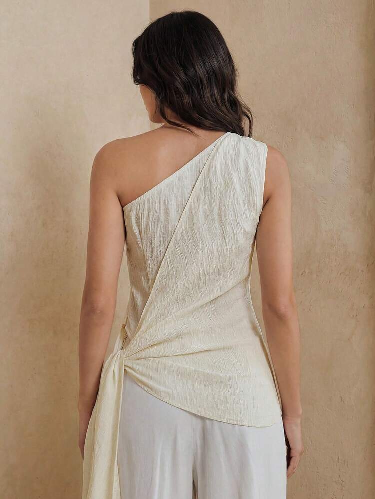 New Spring/Summer Textured Linen One Shoulder Metal Buckle Waist Pleated Asymmetrical Hem Tie-Up Women Camisole Top