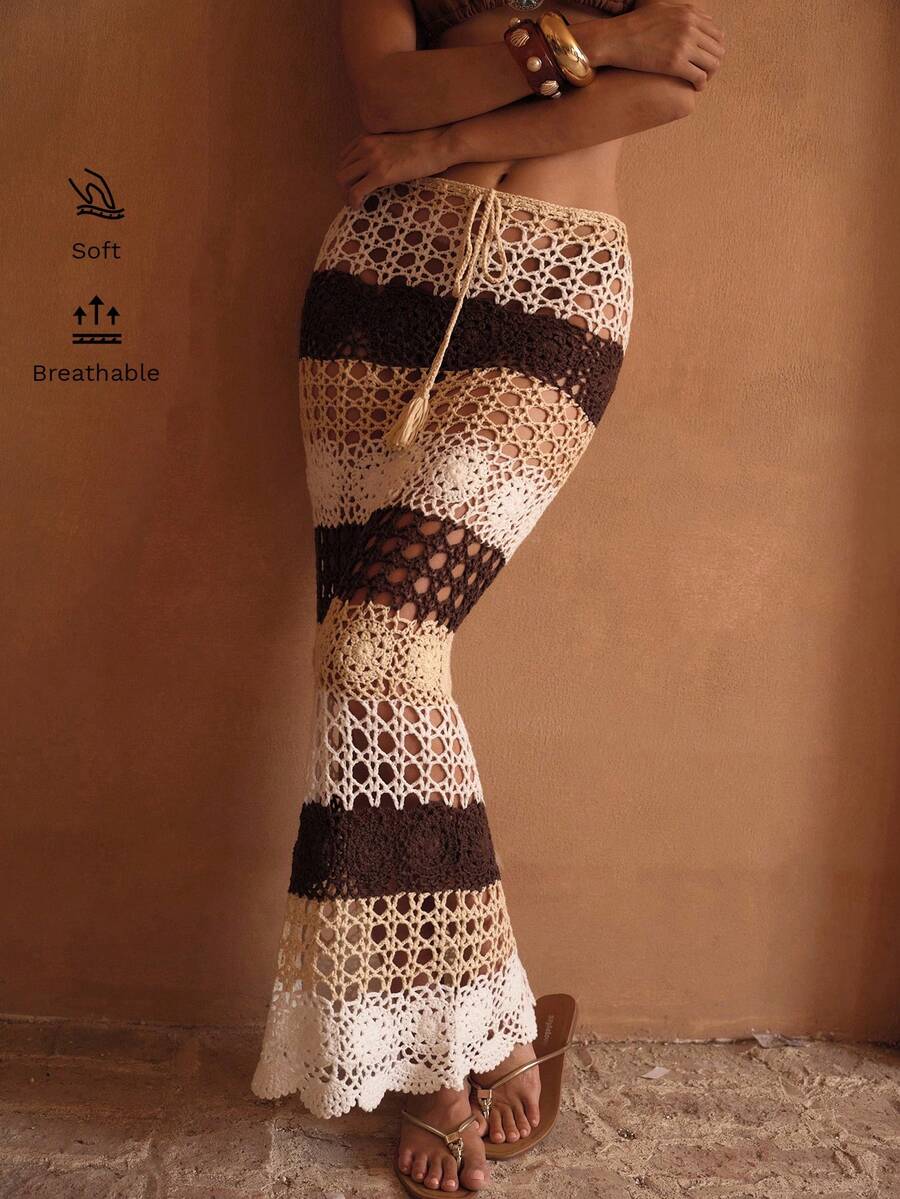 MOTF PREMIUM Bộ đồ đi nghỉ mát thường ngày kiểu bohemian gồm áo khoác ngoài và chân váy maxi đan móc thủ công họa tiết hoa, chất liệu lưới phối nhiều lớp, gồm áo khoác và chân váy maxi. - Nhiều màu - Xem 1