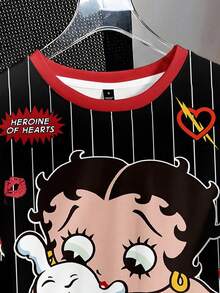 Attitoon Betty Boop x SHEIN 休闲运动街头风百搭派对机场穿搭，黑红条纹数字字母印花学院风，音乐节夏季户外女式圆领宽松短袖T恤 - 彩色 - 查看 4