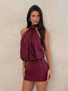 SHEIN ICON High Neck Backless Ruched Bodycon Mini Dress,Summer Dresses For Women - Burgundy - View 4