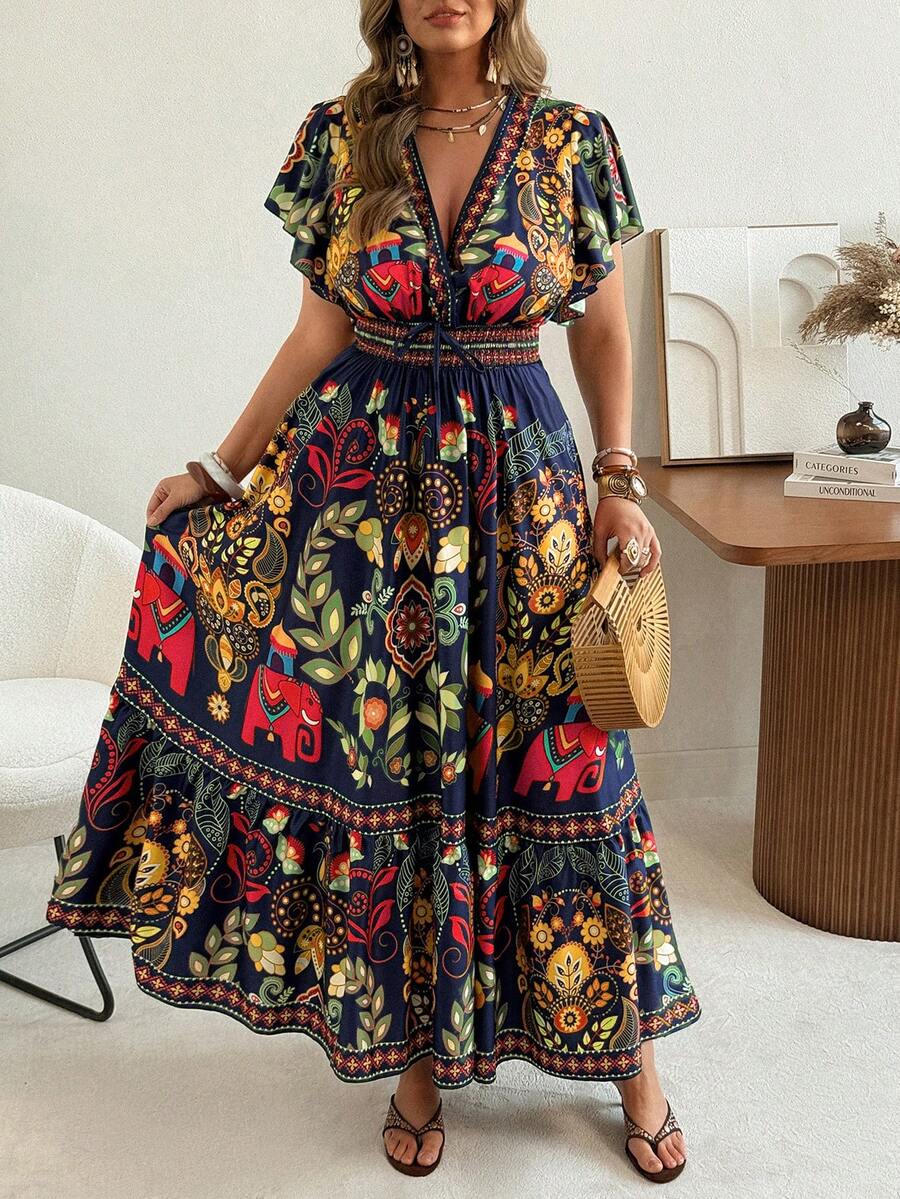 Ceyna Plus Size Women's Summer Boho Navy Blue Printed Casual Dress,Deep V-Neck Bohemian Flare Sleeve Maxi Dress,Vacation Holiday Party Fitted Top Flared - Multicolor - View 1