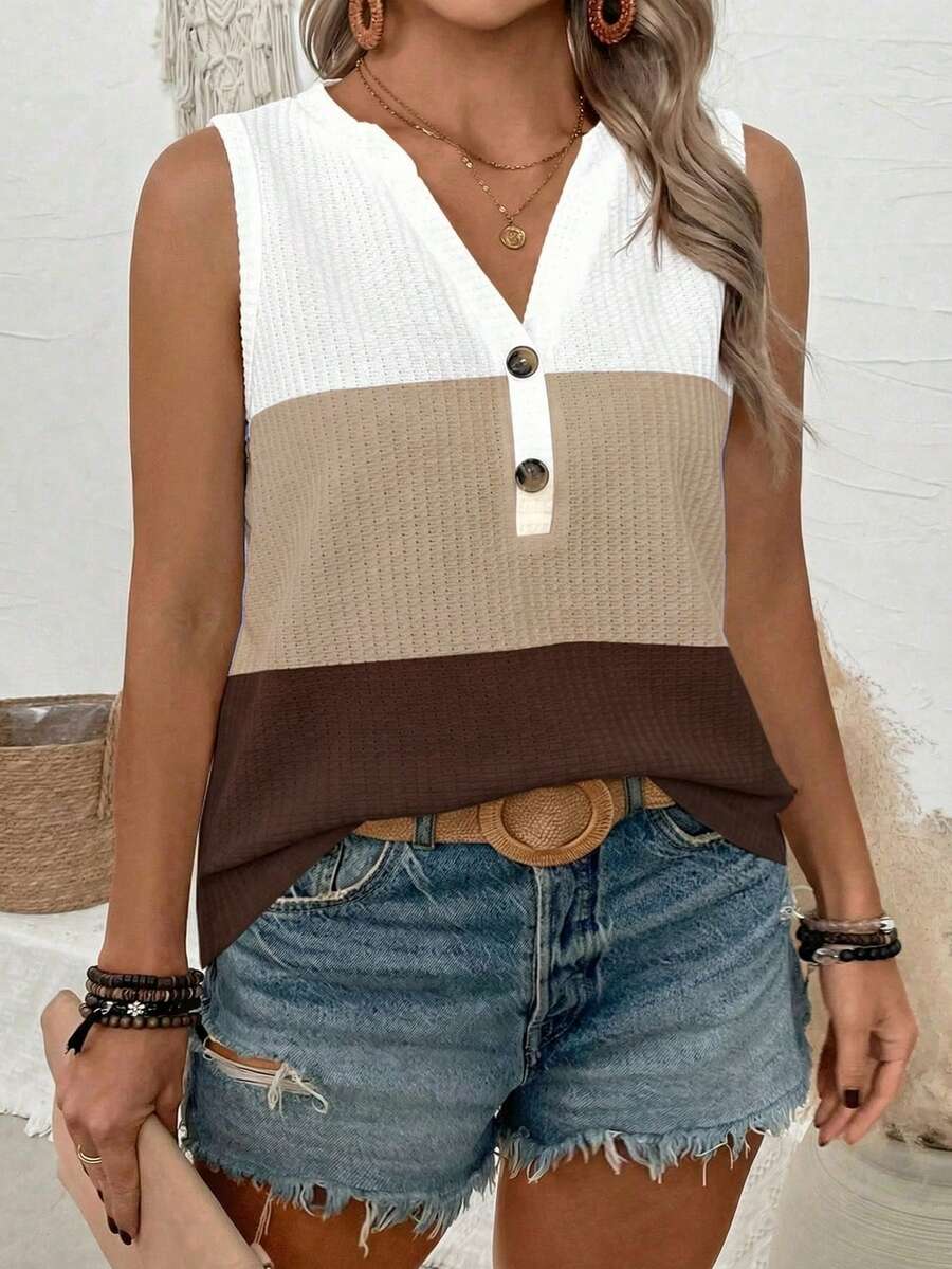 EMERY ROSE New Arrival Plus Size Women Casual Versatile Colorblock V-Neck Tank Top - Multicolor - View 1