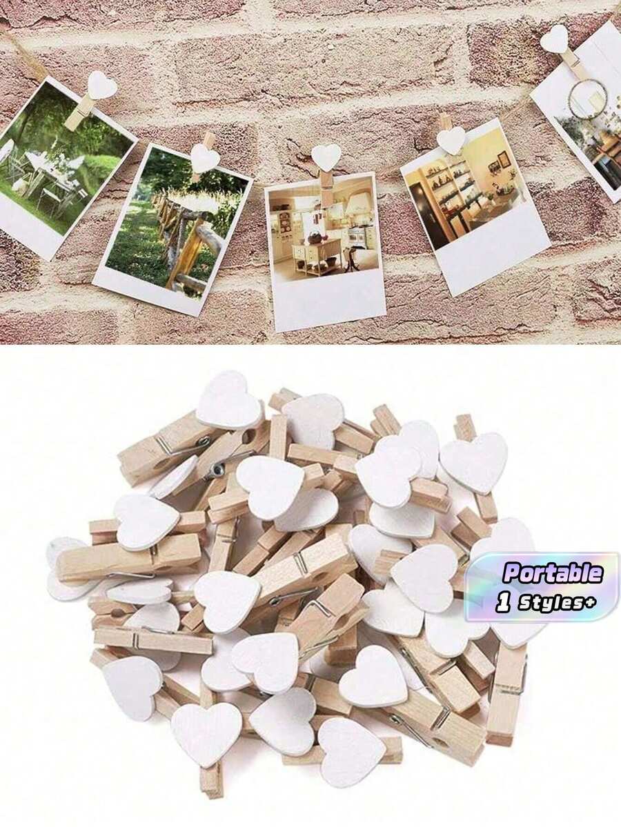 SHEIN 50 件衣夹迷你心形木夹 DIY 工艺夹相纸夹用于照片卡片绘画剪贴簿婚礼情人节照片木夹装饰衣夹(白色)返校情人节情人节婚礼生日 - 白色 - 查看 1