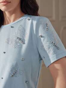 Anewsta Camiseta azul elegante de mujer con cuello redondo, manga corta y mariposa de diamante de imitación - Azul - Ver 3