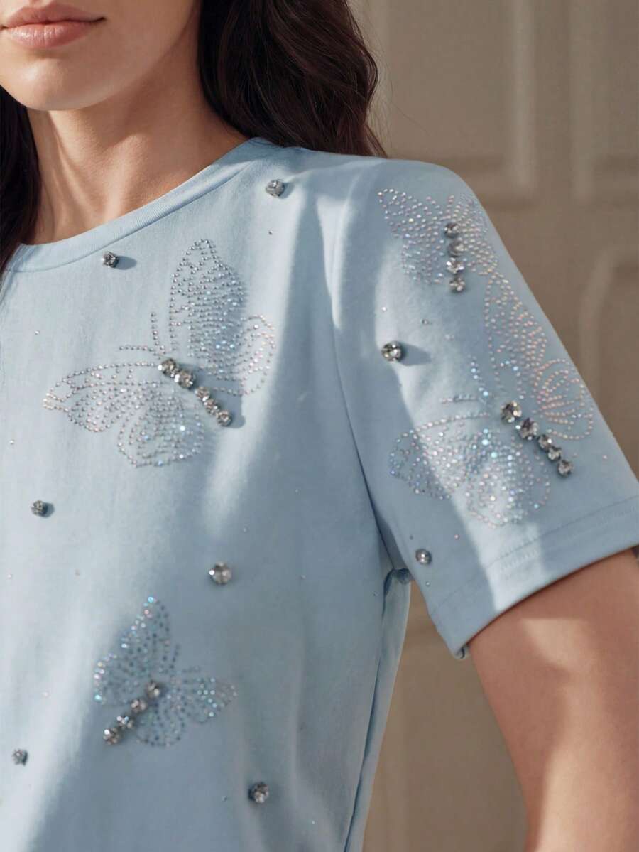 Anewsta Women's Round Neck Rhinestone Butterfly Short Sleeve Elegant Blue T-Shirt - Blue - View 1